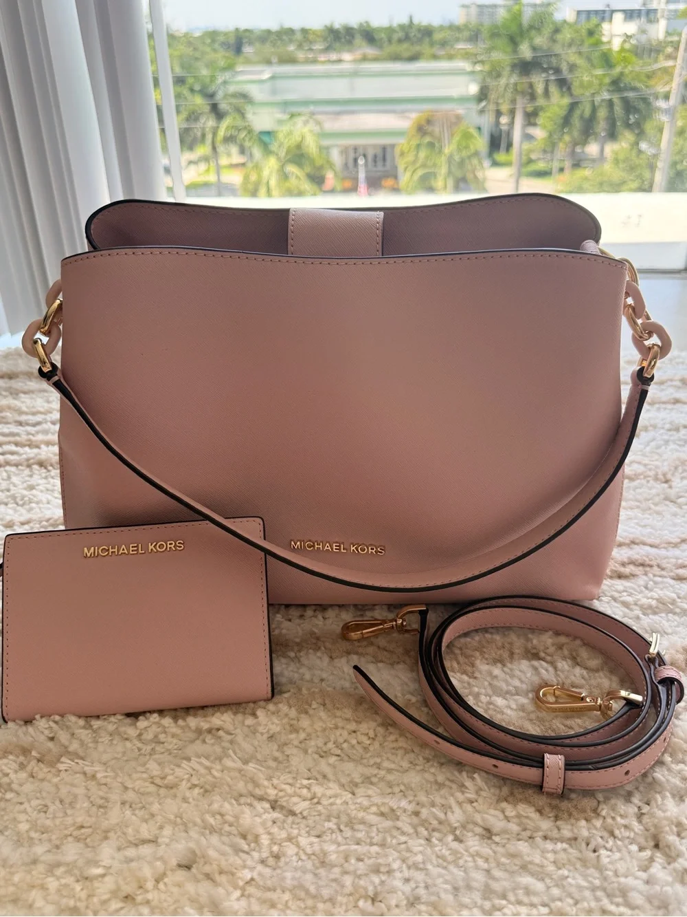 Michael Kors Dusty Pink Leather Shoulder Bag with Card Case